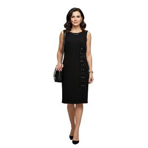 Carmen Marc Valvo Black Sheath Dress 8 Textured Knit Grommet Laced Knee-Length